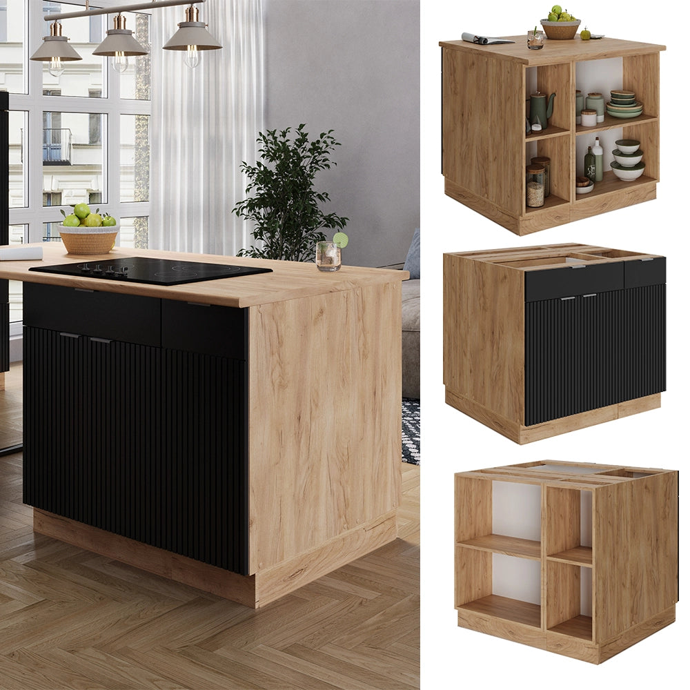 Isola cucina Fame-Line Nero rigato/Rovere dorato 90 cm con cassetto, senza piano di lavoro Vicco