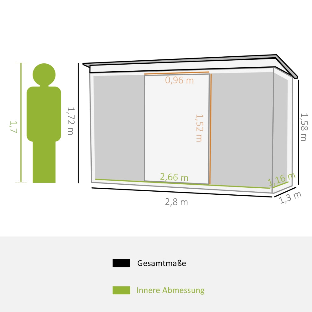 Casetta da giardino in acciaio zincato con tetto inclinato e griglie di ventilazione, verde chiaro, 3,2 m²