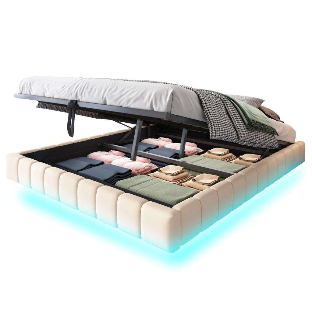 Letto matrimoniale imbottito 160x200 cm sospeso con LED; contenitore; beige