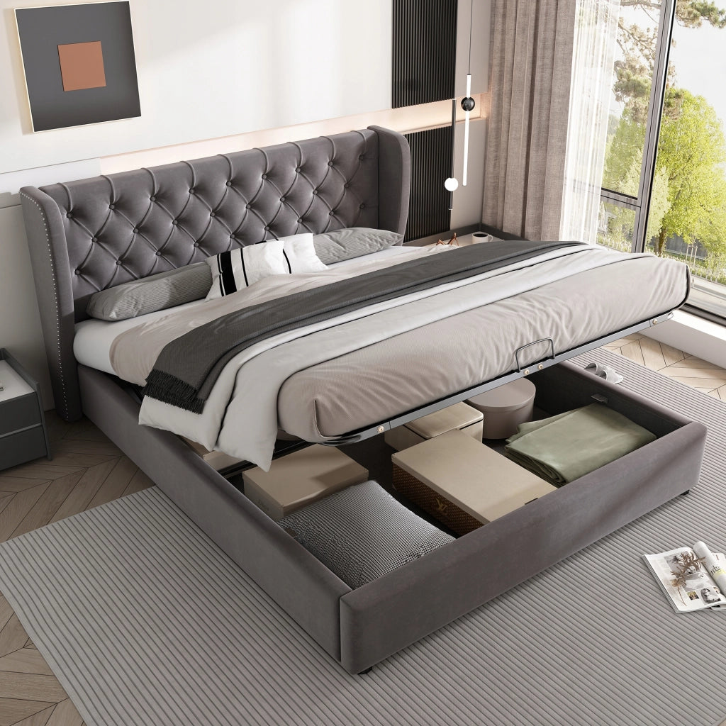 Letto matrimoniale 140x200 - Xylo - Idraulico velluto grigio