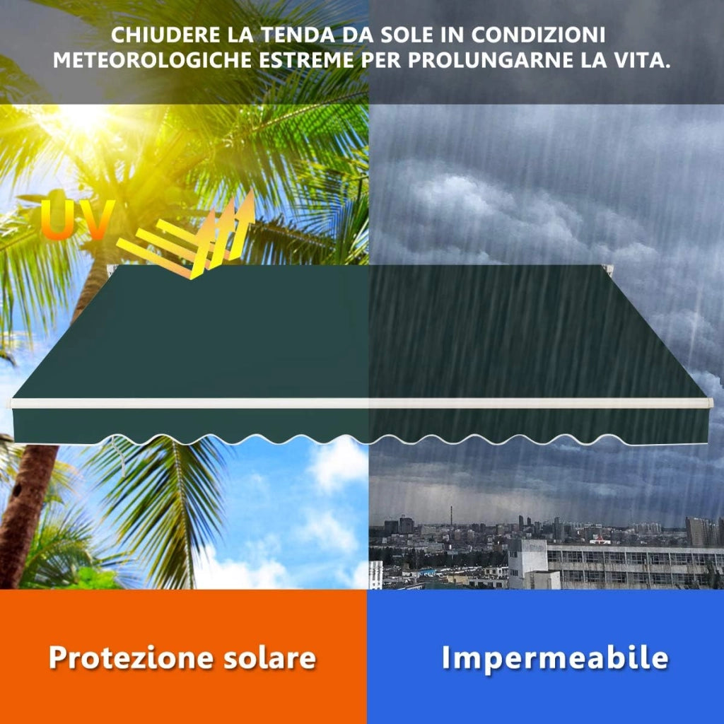 Tenda da Sole per Esterno, Tenda da Sole a Bracci Estensibili con Telaio in Alluminio, Tettuccio Resistente al Sole e Impermeabile e Manovella (4 x 2,5 M, Verde)