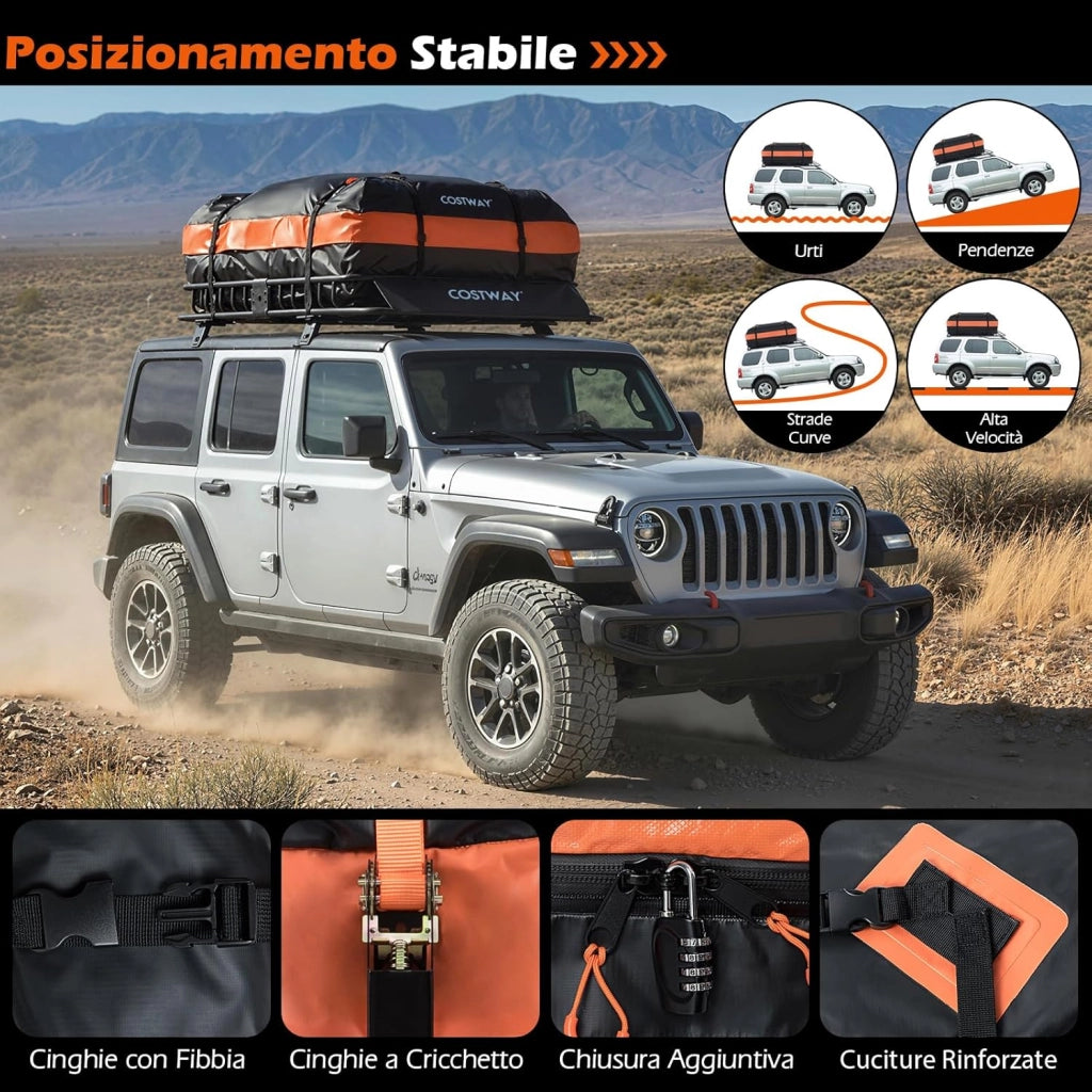 Portapacchi Auto da Tetto, Cestino Portapacchi da Tetto con Borsa per Bagagli e Cinghie a Cricchetto, Portata 90 kg, Barre Portatutto Universale per SUV, Camion, Berlina, 130 x 91 x 17 cm