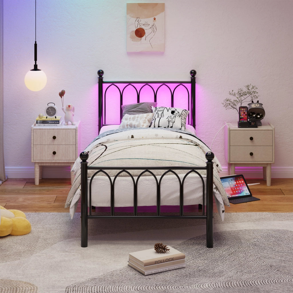 LETTO in metallo 90x200 cm Nero con LED, USB e presa, senza materasso