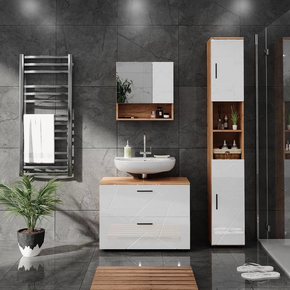 Set di mobili da bagno Irma, Bianco lucido/oro power oak, 80 cm, composto da mobile sottolavabo, specchiera e colonna alta
