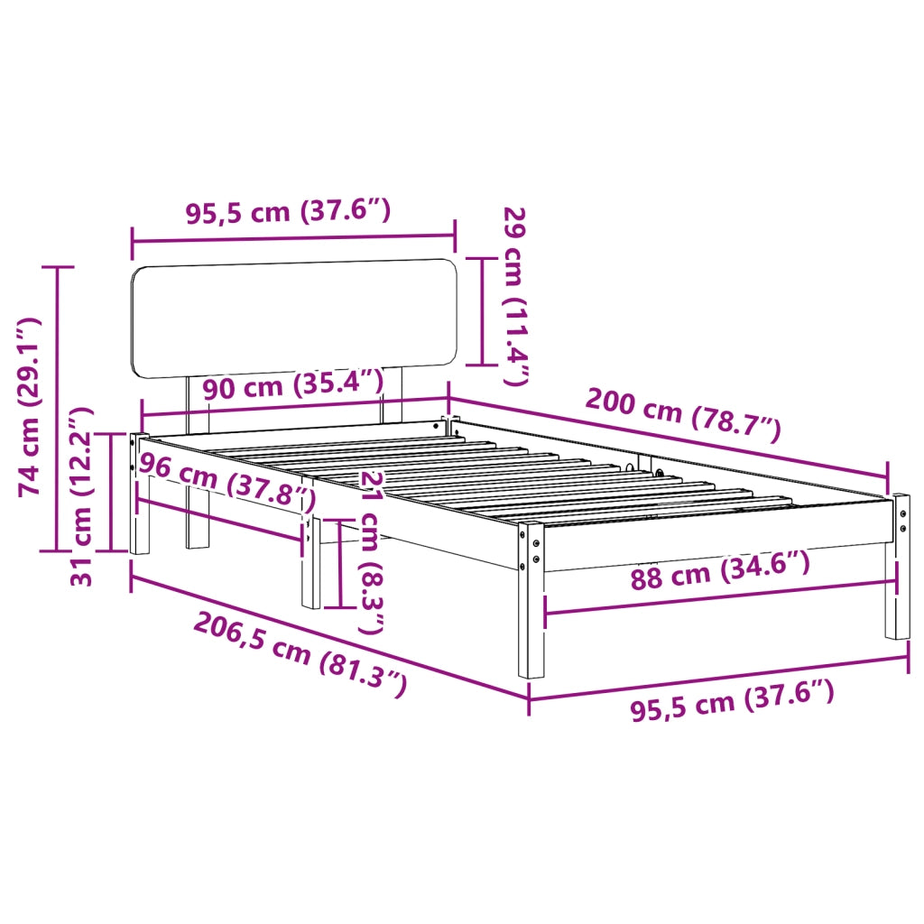 Struttura Letto con Testiera Marrone Cerato 90x200 cm Legno Massello di Pino