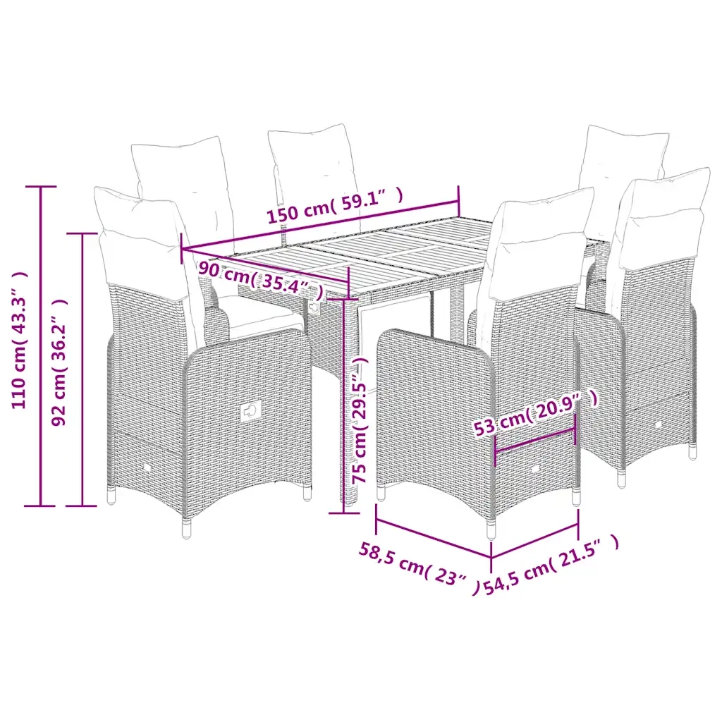 vidaXL Set Bistrò da Giardino 7 pz con Cuscini in Polyrattan Grigio