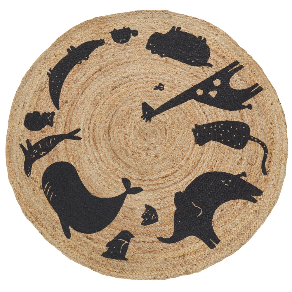 Tappeto Beige Juta ø 120 cm Rotondo Decorativo Motivo Animali Stile Boho Soggiorno Bambini Stanza dei bambini