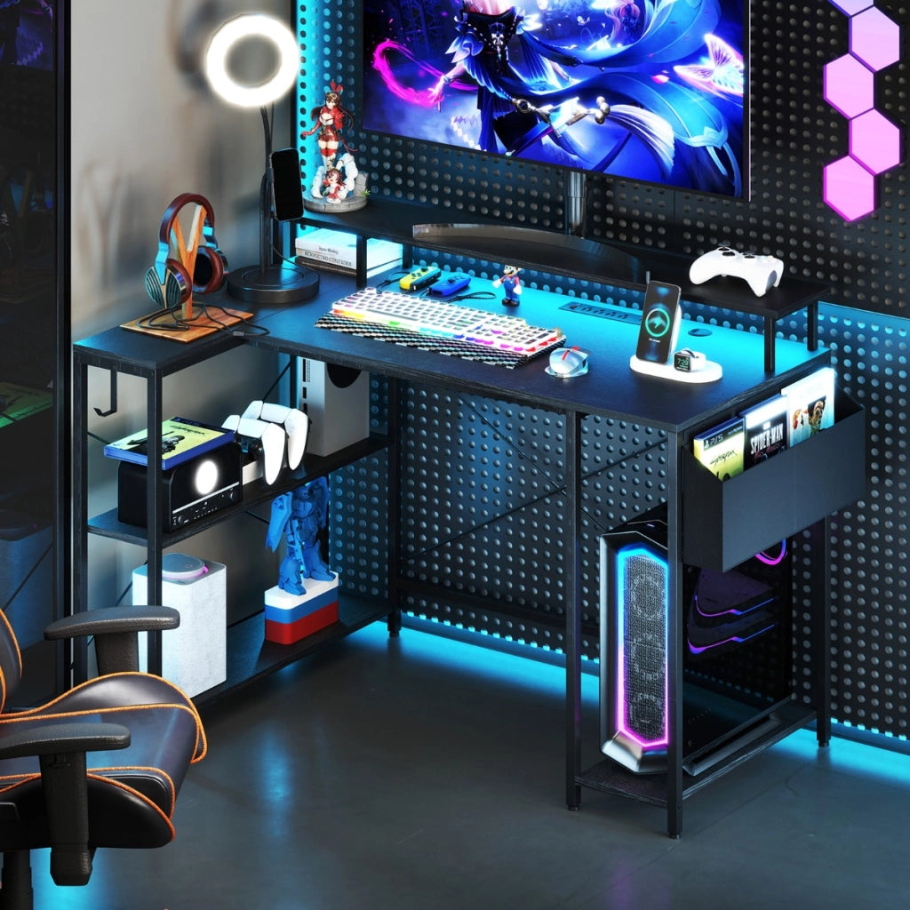 Scrivania da gaming a forma di L con luci LED e stazione di ricarica-Scrivania per computer con ripiani Nero