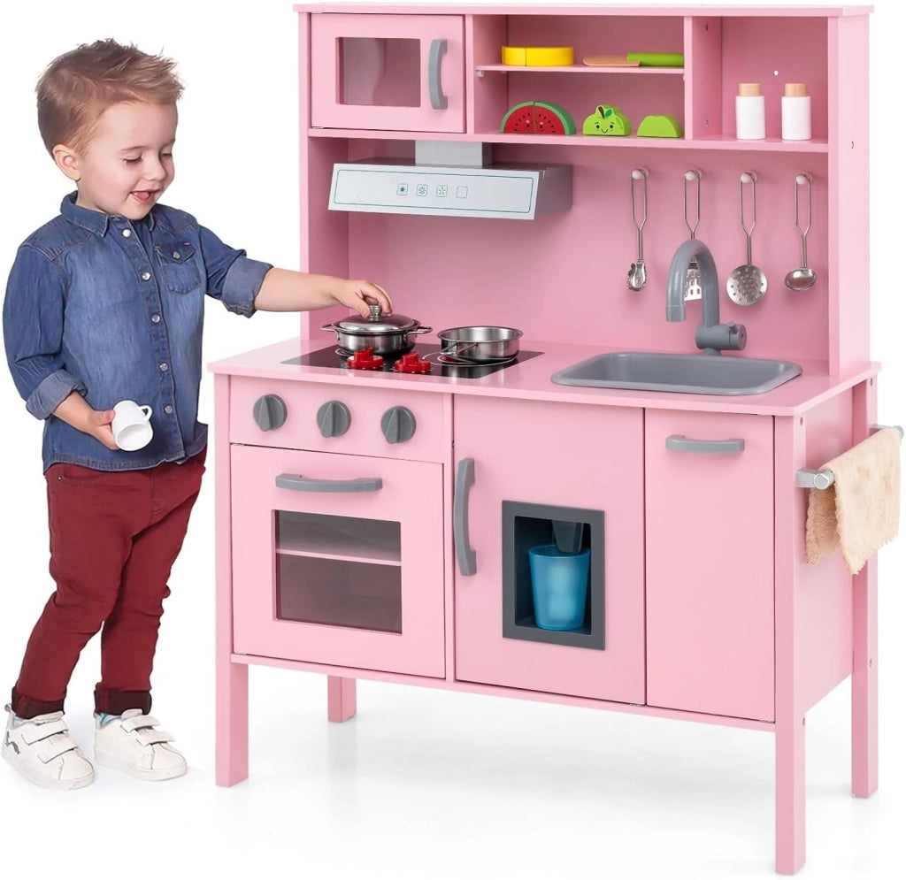Cucina Giocattolo per Bambini in Legno, Cucina per Bambini con Microonde, Cappa Aspirante, Forno, Macchina del Ghiaccio, Lavello e Rubinetto, Manopole con Suoni, per 3-6 Anni (Rosa)