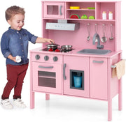 Cucina Giocattolo per Bambini in Legno, Cucina per Bambini con Microonde, Cappa Aspirante, Forno, Macchina del Ghiaccio, Lavello e Rubinetto, Manopole con Suoni, per 3-6 Anni (Rosa)