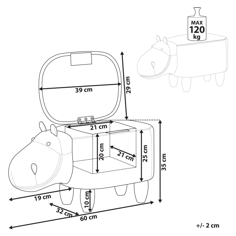 Sgabello per bambini Animale Hippo con contenitore in ecopelle marrone con gambe in legno Poggiapiedi per la scuola materna
