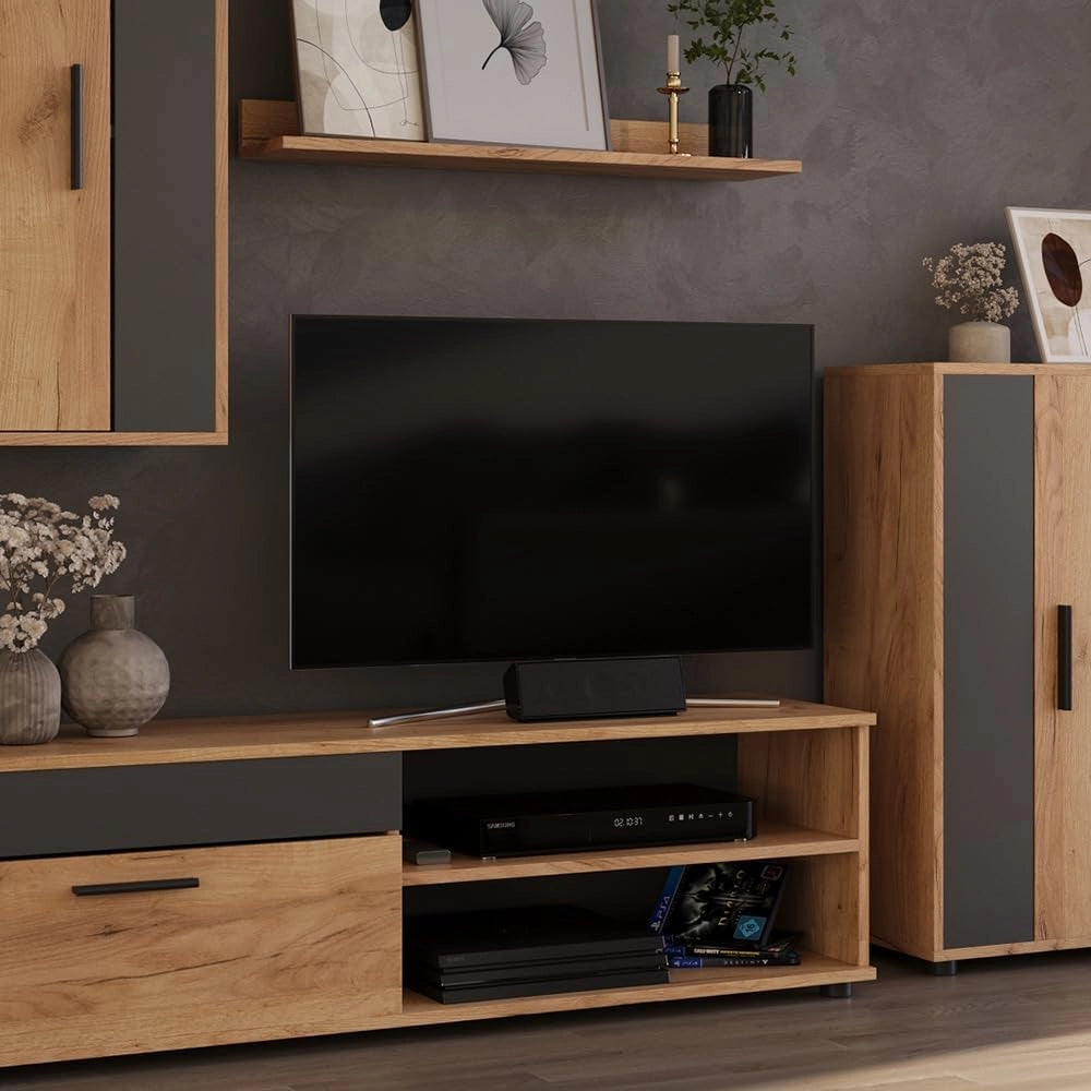 Parete attrezzata Berno, Quercia dorata/antracite, Set di 4, adatto per la conservazione di dispositivi multimediali e accessori