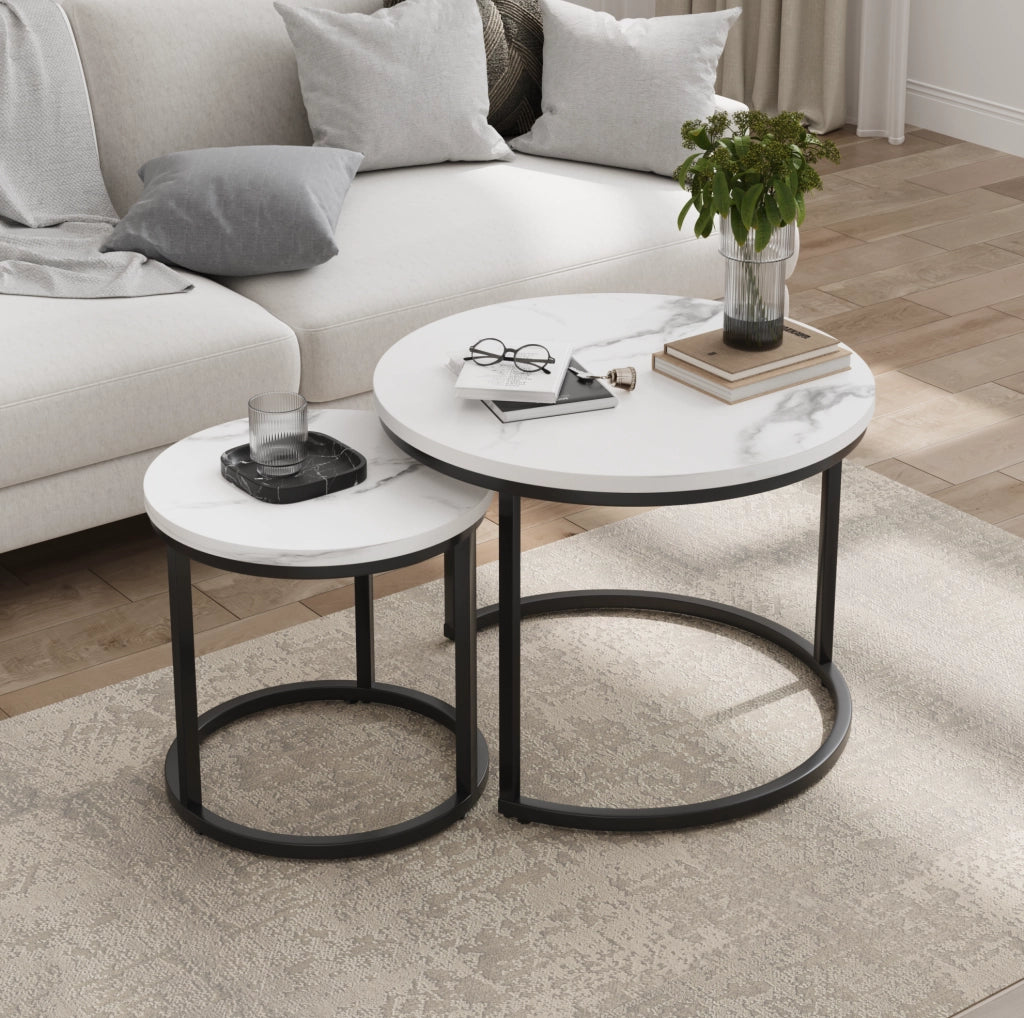 Set di 2 tavolini da caffè rotondi impilabili 60/40 cm in truciolare e metallo; bianco