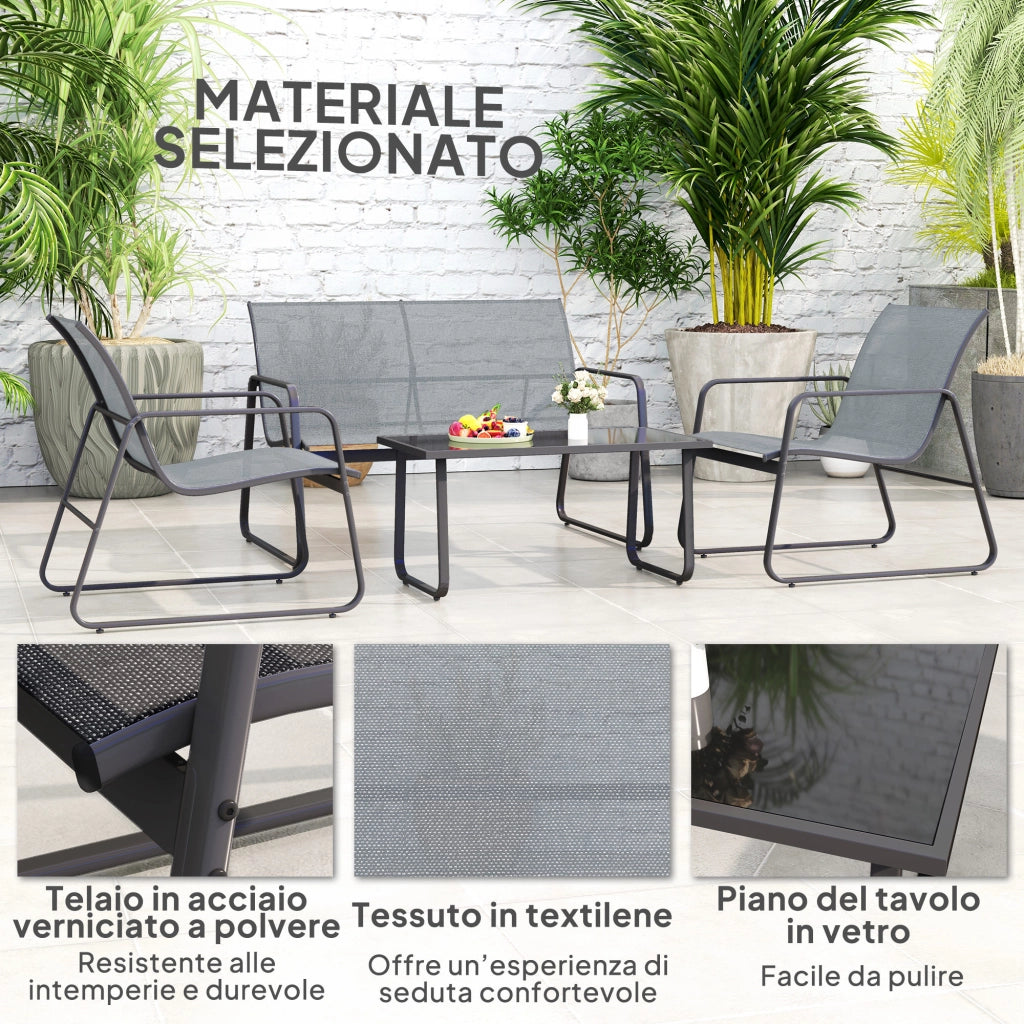 Set da Esterno 4pz con Tavolino da Caff¨¨, Panchina 2 Posti e 2 Sedie, in Metallo e Texteline Grigio Chiaro