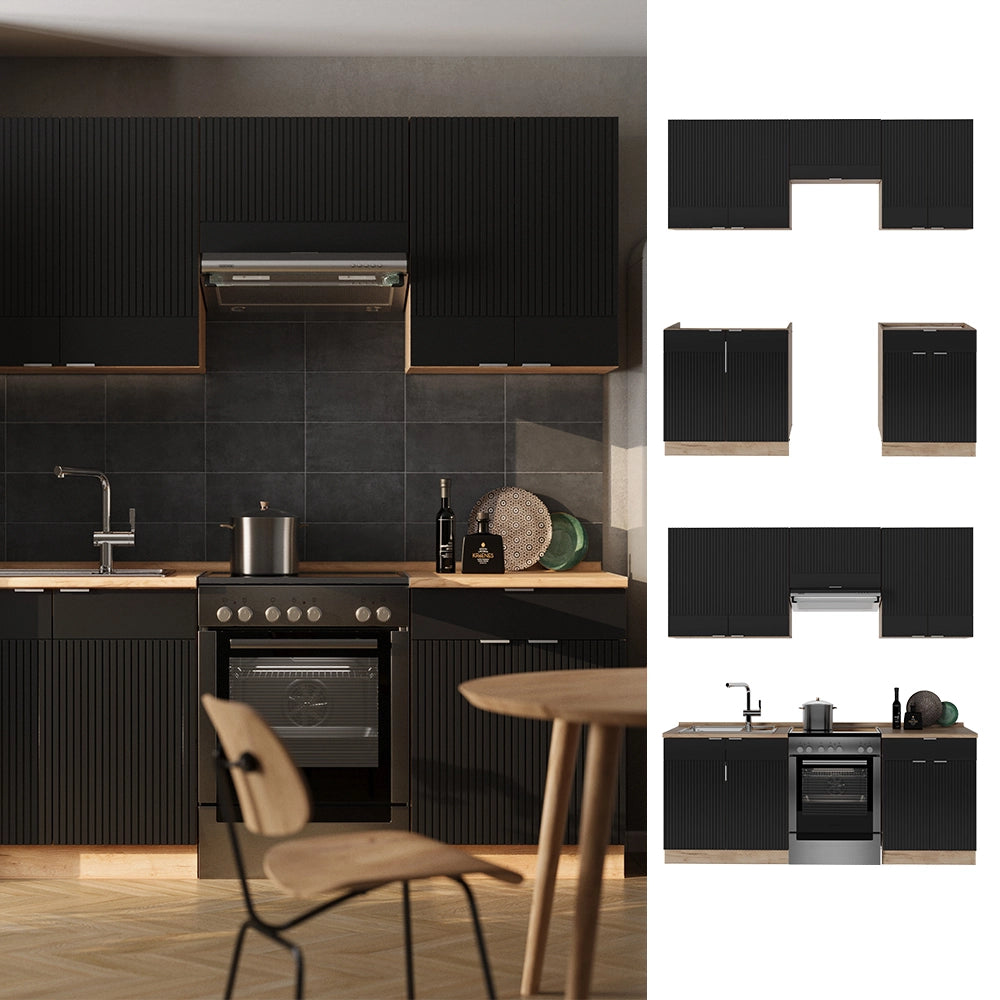 Cucina componibile Fame-Line Nero rigato/Rovere dorato 200 cm senza piano di lavoro Vicco