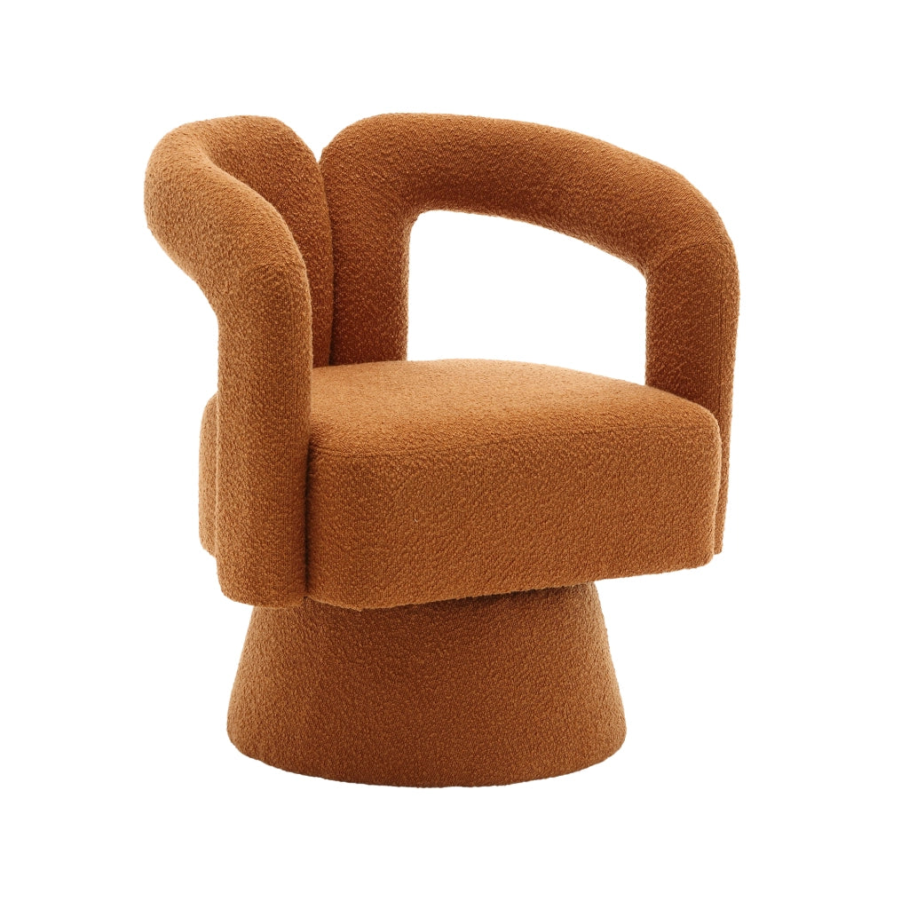 Poltrona girevole 360° in bouclé arancione con base in metallo, seduta imbottita e struttura robusta