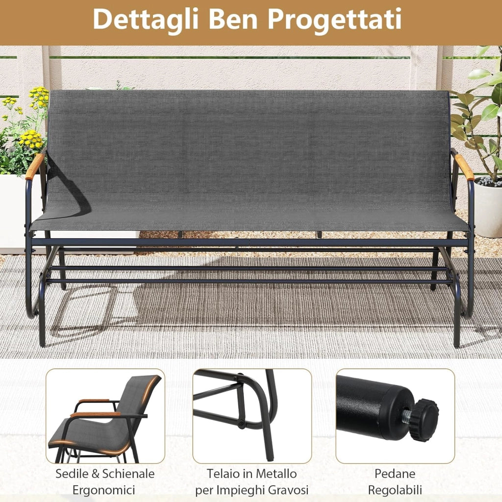 Panca a Dondolo da Esterno, Panchina a 2/3 Posti da Giardino con Movimento Oscillante, Braccioli Curvi in Legno, Sedia a Dondolo per Veranda, Giardino, Portata 300KG/450KG (Grigio, 3 Posti)