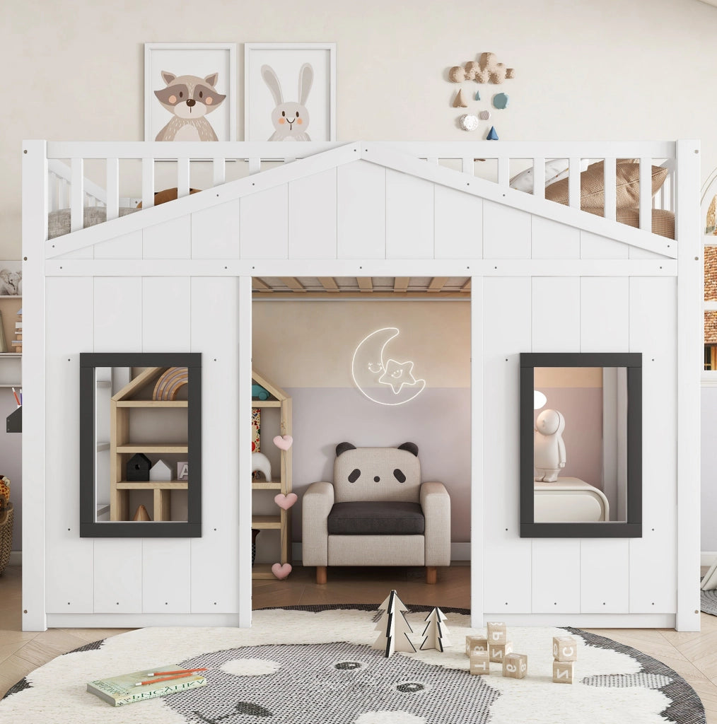 Letto a soppalco per bambini 90x200 cm bianco e grigio con scala e parapetti