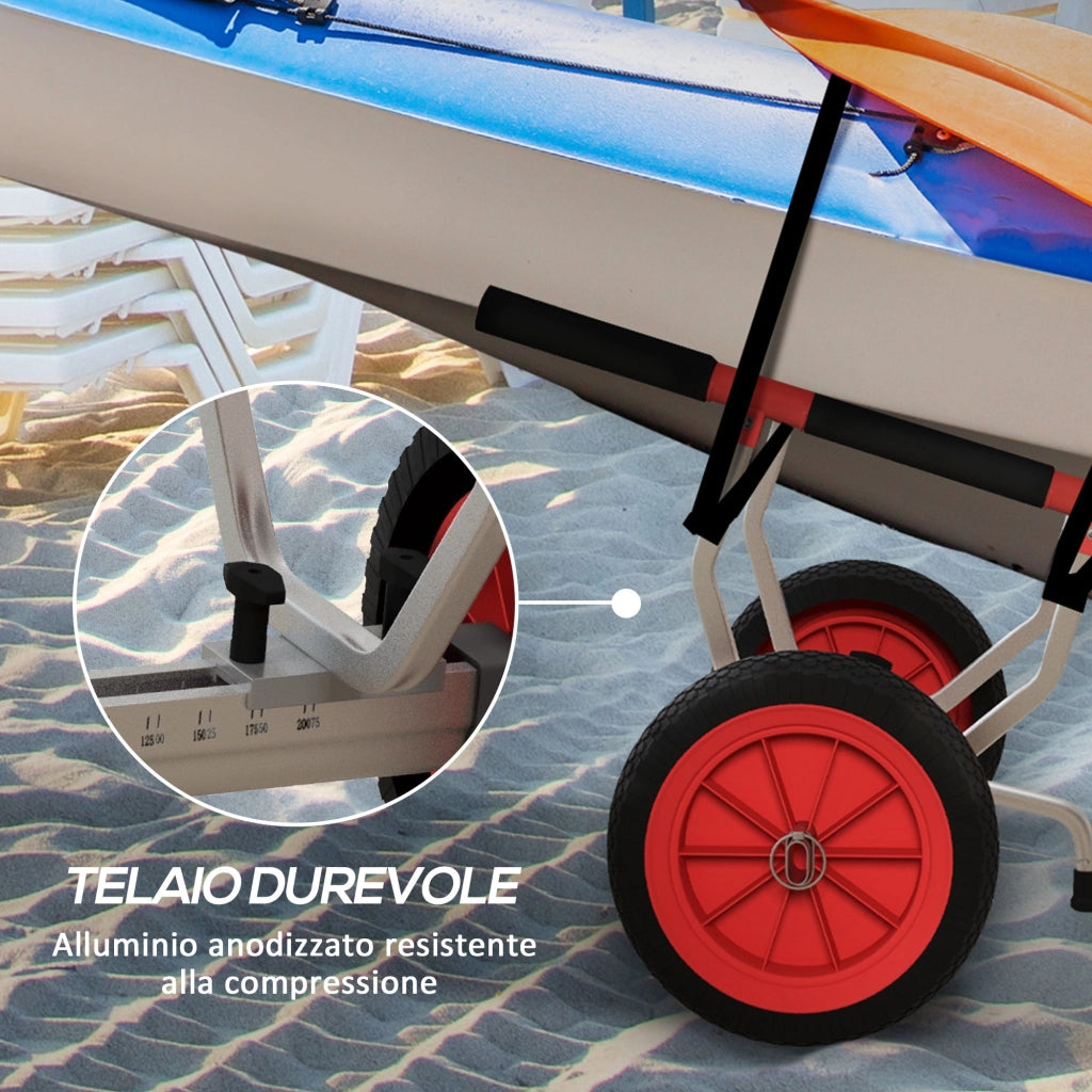 Carrello per Kayak e SUP Max 100 kg Larghezza Regolabile e Ruote Ø25 cm in Alluminio Nero