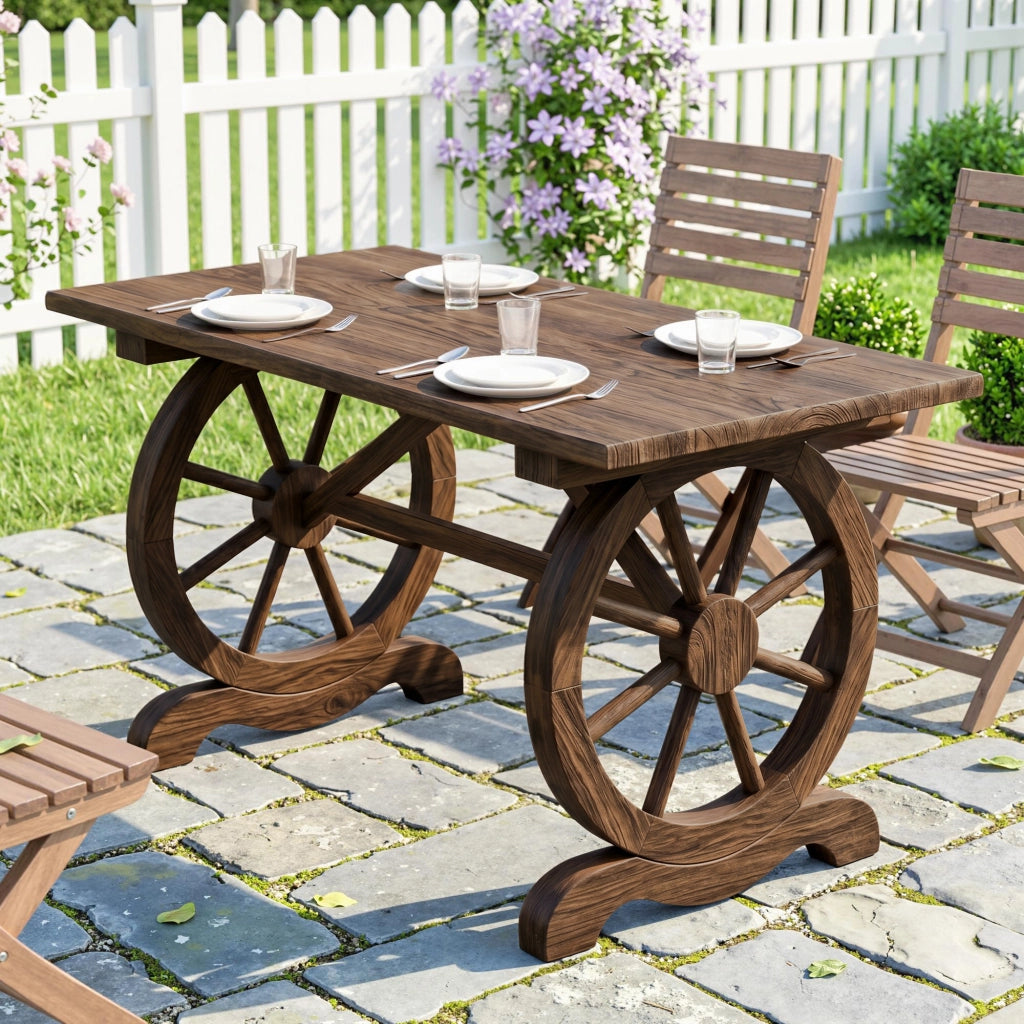 Tavolo da Giardino Stile Country con Gambe a Ruota, in Legno di Abete Resistente alle Intemperie, 110x60x65 cm