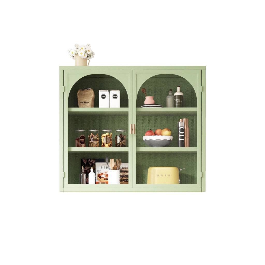 Armadio da Parete con 2 Ante in Vetro e 3 Ripiani; Mensola Rimovibile; Motivo Intrecciato; Stile Moderno; in Metallo; 70 cm; Verde