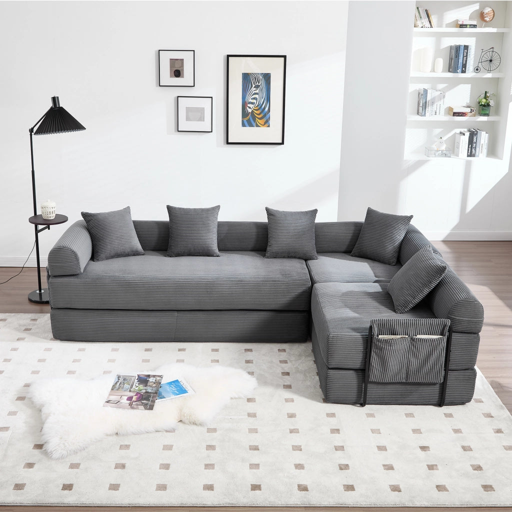 Canapé modulaire con funzione letto e tasca laterale per famiglia e ospiti in velluto a coste grigio scuro da salotto