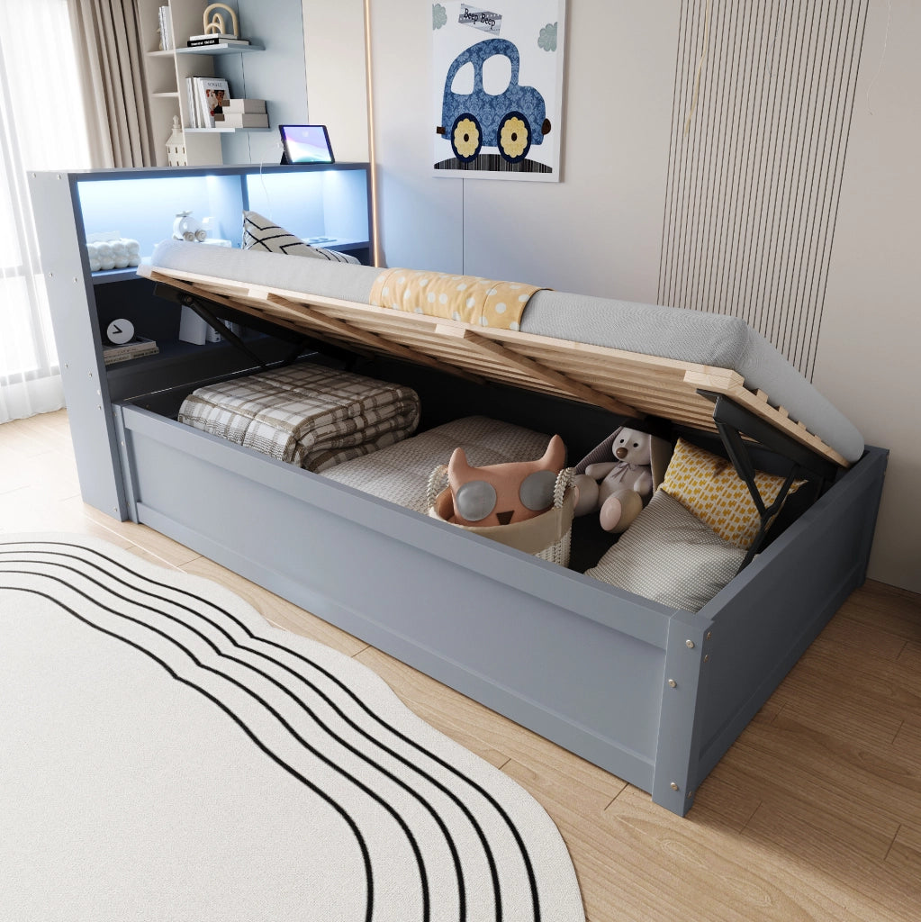 Letto singolo multifunzione 90x200 cm con presa integrata; LED e 4 vani portaoggetti; grigio