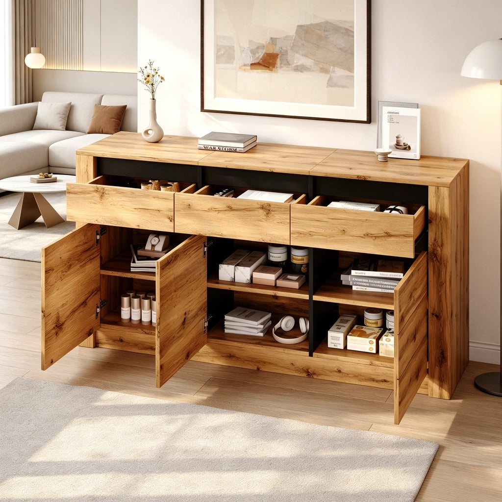 Credenza Sideboard 135¡Á35¡Á70 cm in truciolare, effetto venatura del legno naturale, con 3 cassetti e vani regolabili