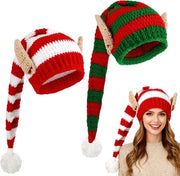 Elfo in Pelle con Capelli di Castagna - Cappello di Natale - Accessori di Costume per Elfo - Cappello di Festa - Rosso/Verde a Strisce - Ideale per le Feste di Natale