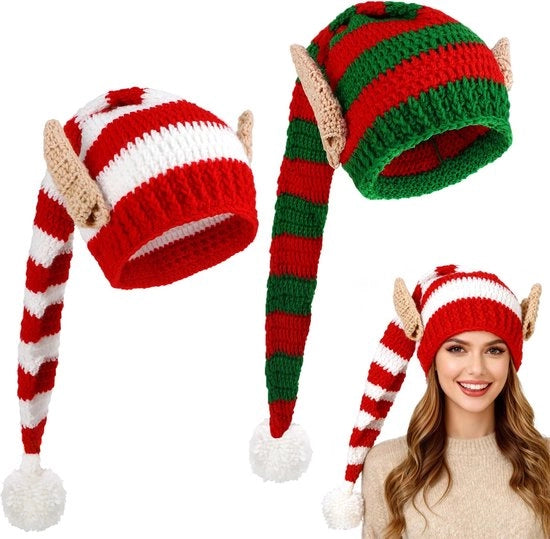 Elfo in Pelle con Capelli di Castagna - Cappello di Natale - Accessori di Costume per Elfo - Cappello di Festa - Rosso/Verde a Strisce - Ideale per le Feste di Natale