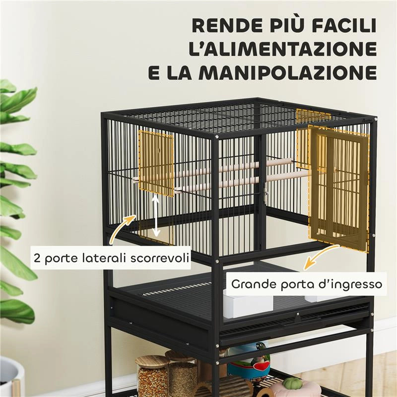 GABBIA PER UCCELLI CON RIPIANO INFERIORE, VASSOIO E GRIGLIA RIMOVIBILI, IN ACCIAIO E PP, 48X46X83 CM, NERO