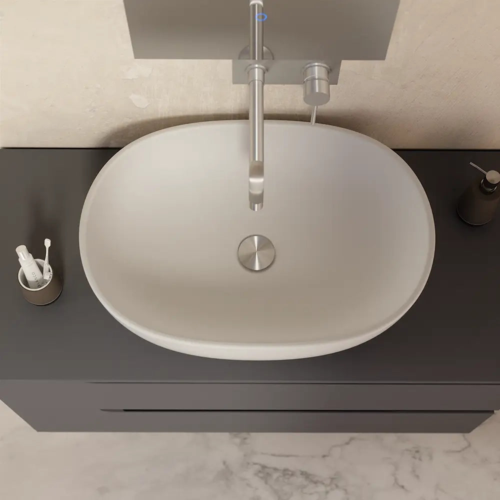 Lavabo da appoggio ovale con bordo slim 61x41x13,5 cm Bianco opaco