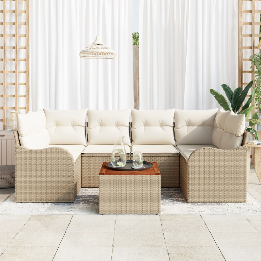 Set Divano Giardino da 7 Pezzi con Cuscini Beige Polyrattan Acacia