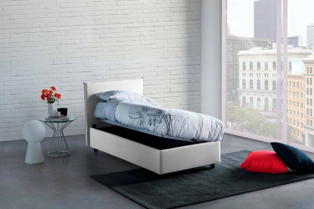 Letto singolo Acuila, Letto contenitore con rivestimento in tessuto, Made in Italy, Apertura laterale, adatto per materasso cm 80x190, Bianco