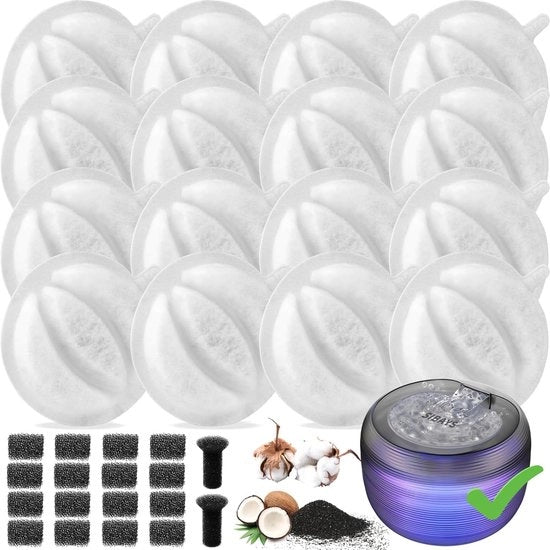 Filtro per fonte di acqua per animali, sostitutivo per fonte di acqua per animali da 3L, filtro a carbone attivo PP cotone, 16 filtri + 16 sponze di pompa + 2 sponze di riduzione del rumore