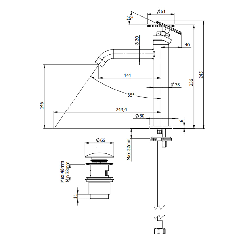 Miscelatore per lavabo altezza media senza foro sul corpo con scarico click-clack e troppopieno - serie Chrono