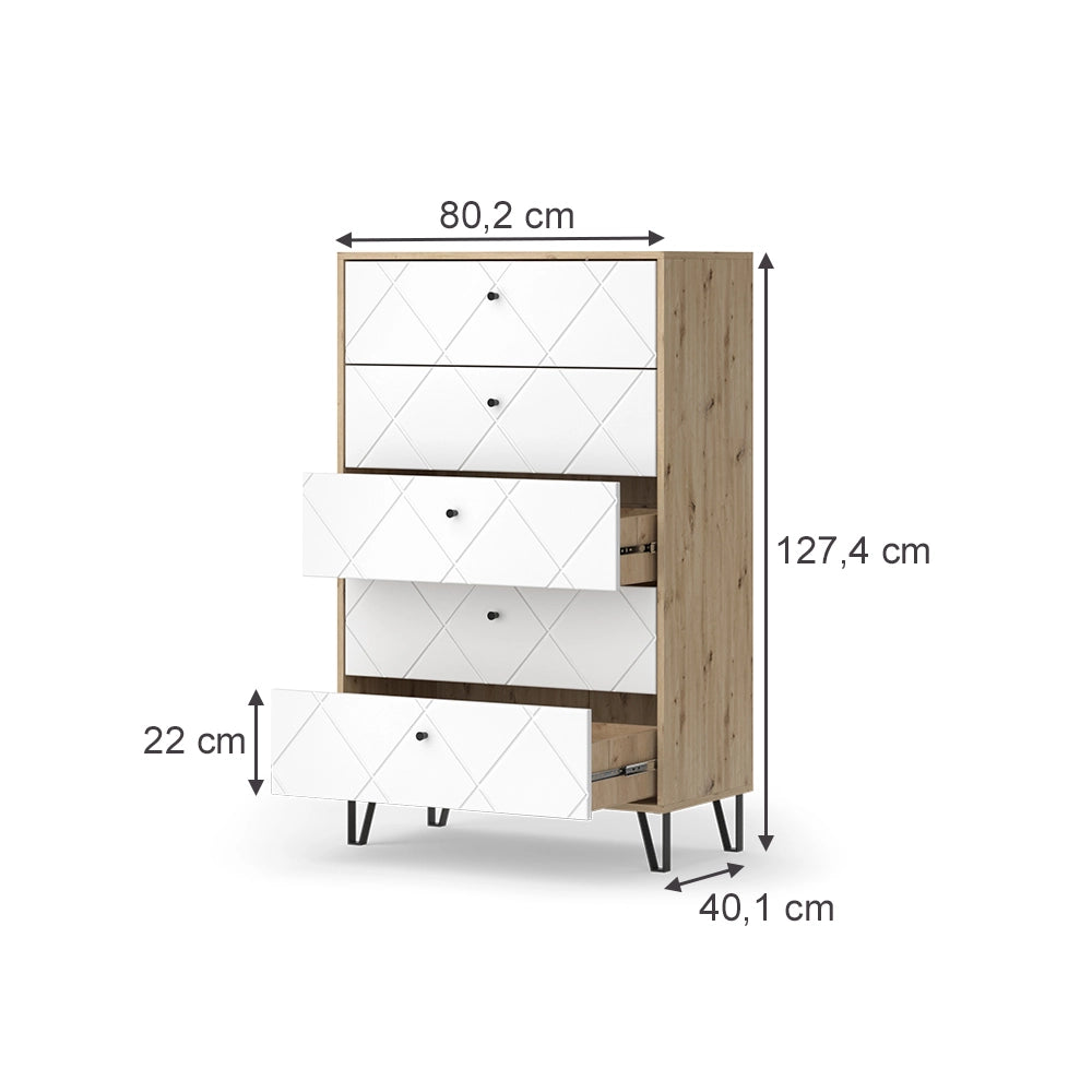 Vicco Cassettiera per camera da letto Artigianale/Bianco 80.2 x 127.4 cm con 5 cassetti