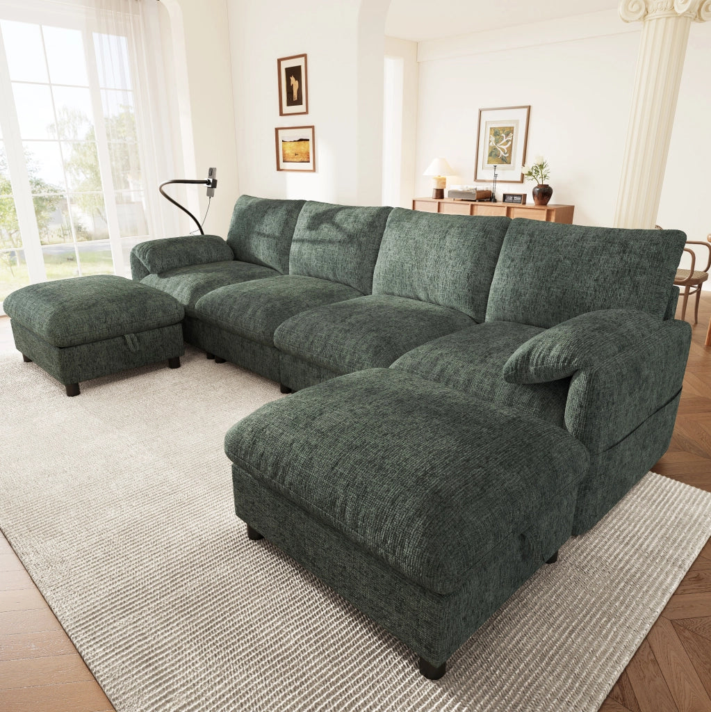 Divano modulare 6 posti configurabile a L/U in ciniglia verde con 2 pouf contenitore USB e Type-C