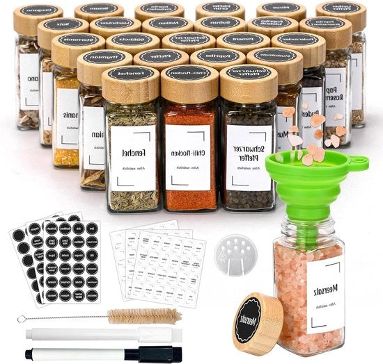 Contenitori per erbe quadrati 120 ml con coperchi in bambù e fondo interno in metallo - contenitori per conservare erbe per cassetti, cassetti e contenitori per erbe quadrati.