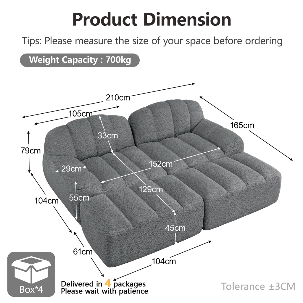 Divano modulare a 2 posti con pouf, schiuma ad alta densità e tessuto granulato grigio 210 × 165 × 79 cm
