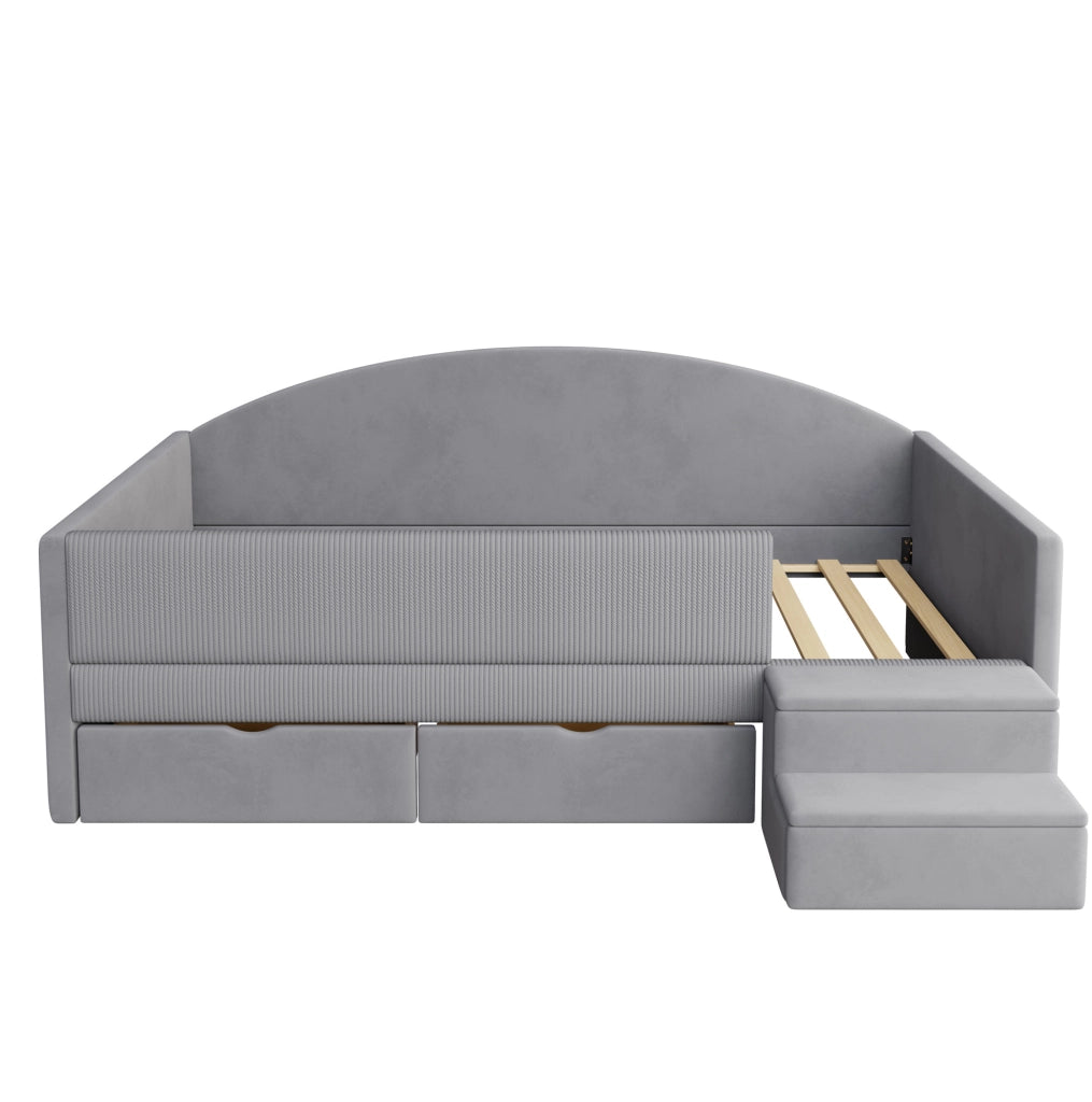 Letto per bambini imbottito 90x190 cm con 2 cassetti; gradini e sponde; grigio acqua