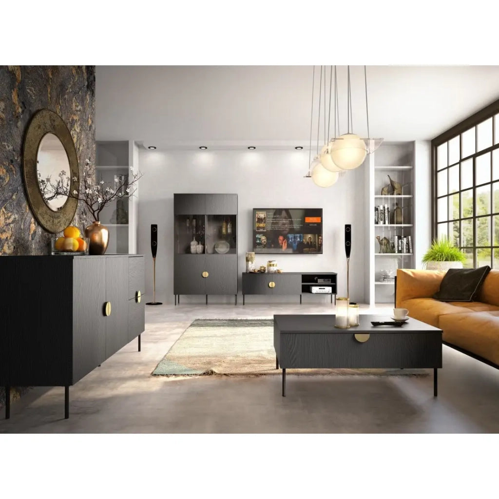 Piccolo buffet 2 porte e 2 cassetti - nero con maniglie dorate - Collezione MONDO