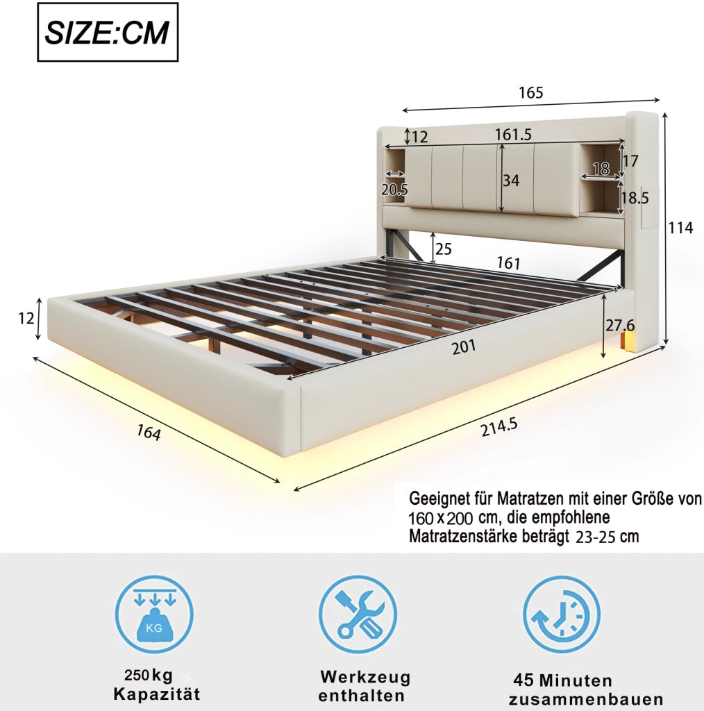 Letto imbottito 160x200 cm con LED; USB e vani portaoggetti in lino beige