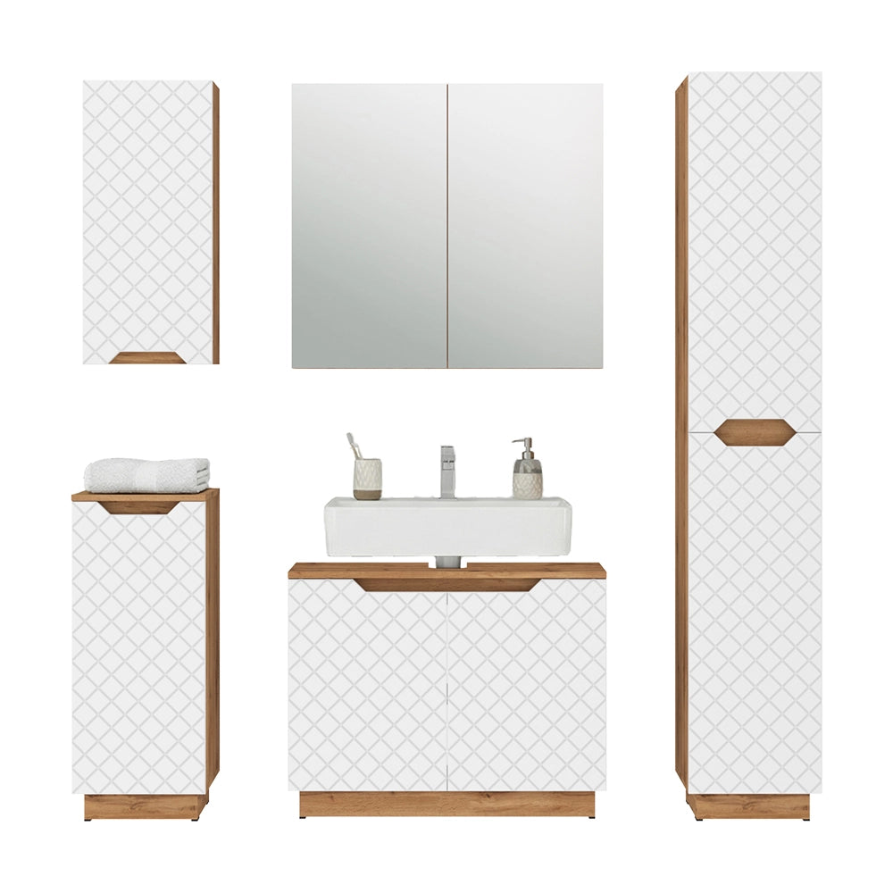 Vicco Set di mobili da bagno Rovere/bianco con struttura in piastrelle 5 parti