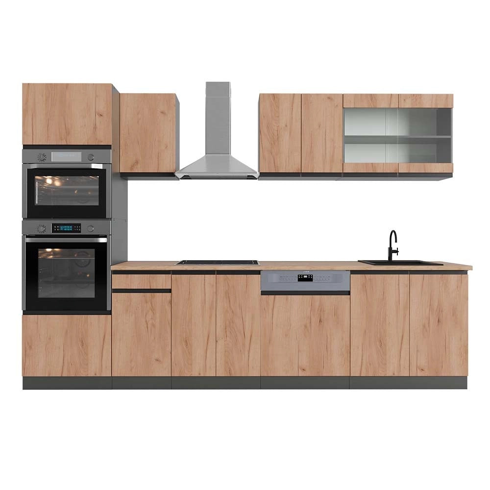 Cucina componibile R-Line Rovere dorato/Antracite 300 cm J-Shape con armadio alto, PL Rovere Vicco