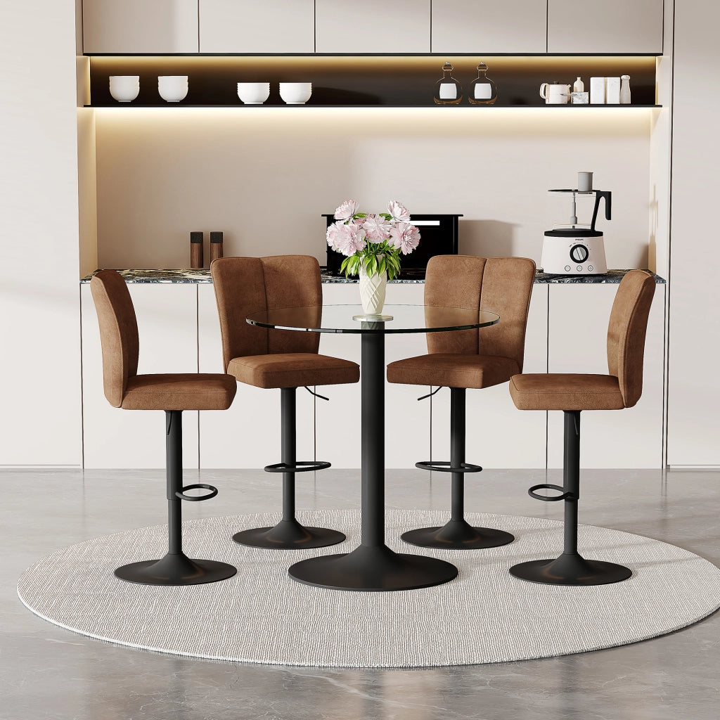 Tavolo da pranzo per 4 persone con piano rotondo in vetro, 4 sgabelli girevoli, per cucina e bar, marrone e nero, 89 cm