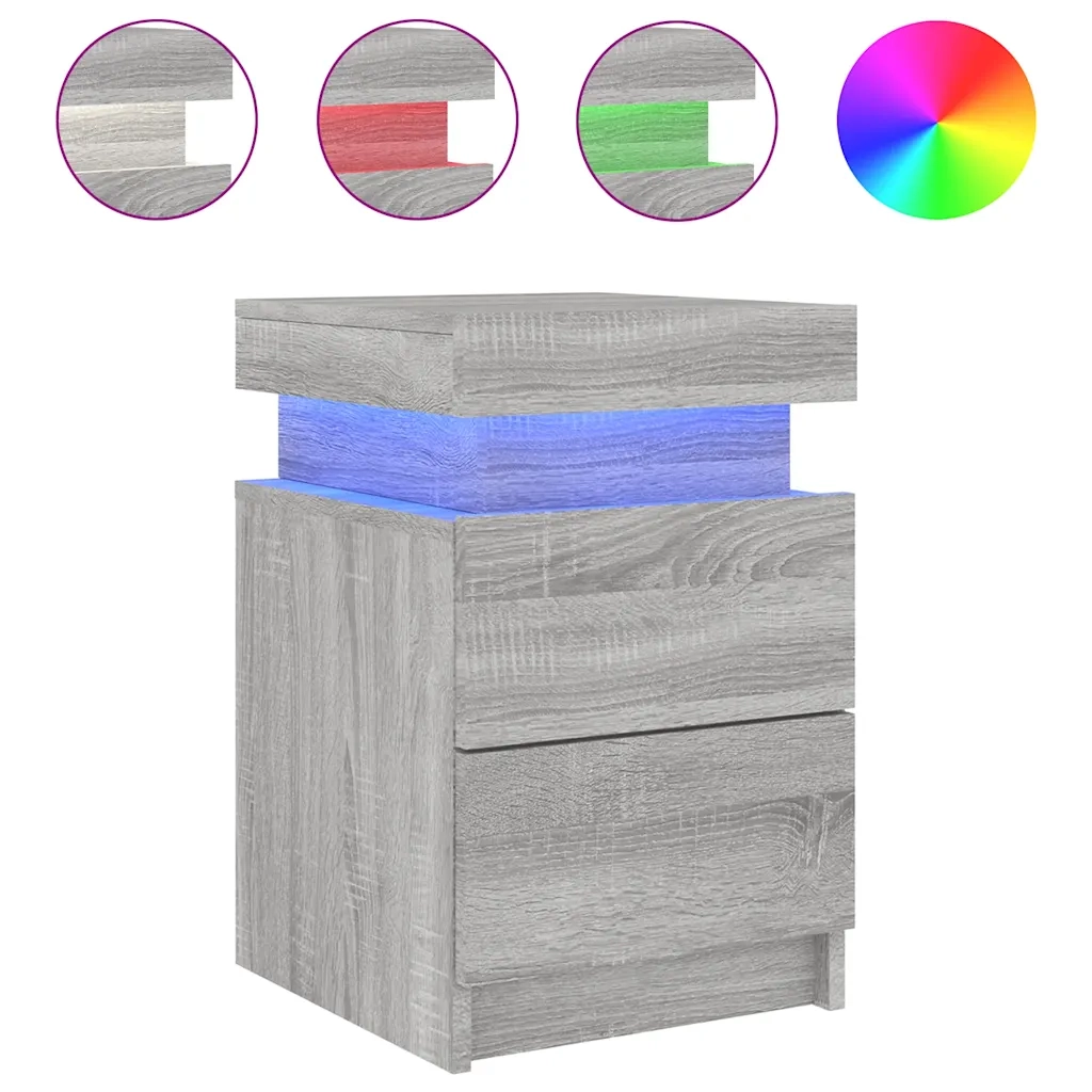 Set di 2 Comodini | Armadio da Notte | Mobiletto da notte con Luci LED Grigio Sonoma 35x39x55 cm