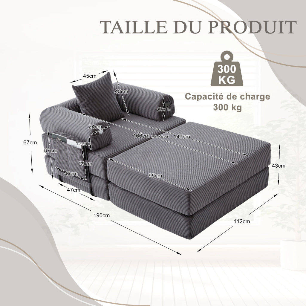 Poltrona con pouf compressa ergonomica con tasca e cuscino in velluto a coste grigio scuro 112 × 190 × 67 cm