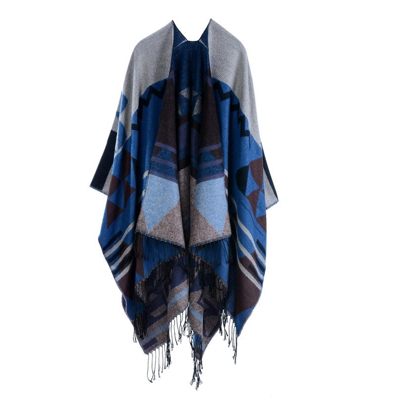 Sciarpa/mantella da viaggio in cashmere extra lungo e spesso, stile boh¨¦mien, europeo e americano, con nappe, autunno e inverno, stile etnico, con spacco, stile europeo e americano.
