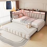 Divano letto multifunzionale 90x200 cm in velluto beige con letto estraibile; LED e USB